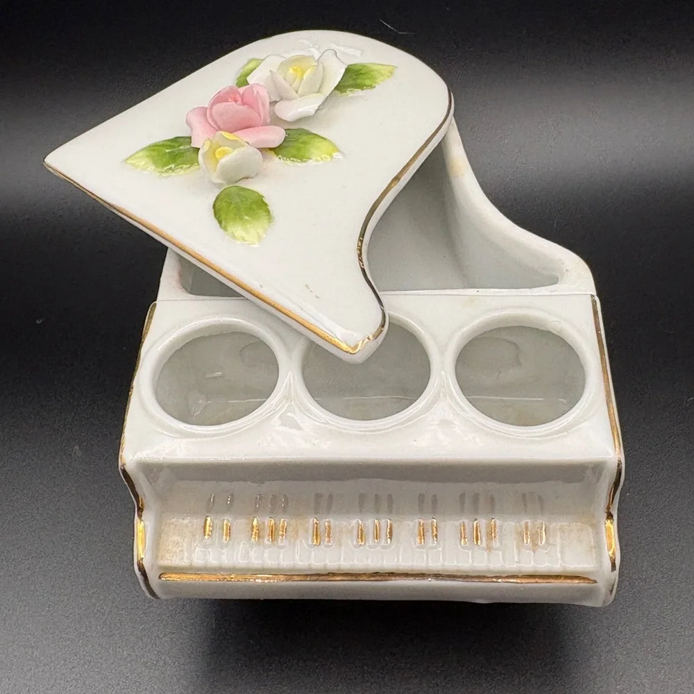 Vintage DeVilbiss Ceramic Floral Piano W/Gold Accents Candle Holder Trinket Box